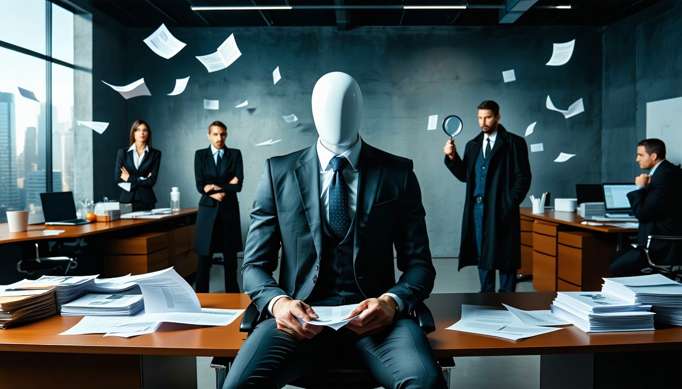 A modern office scene with a business suit sitting upright at a desk  but without a head Papers are flying and the rest of the team looks confused or uncertain In the background a mysterious figure in a trench coat the headhunter is seen lurking with